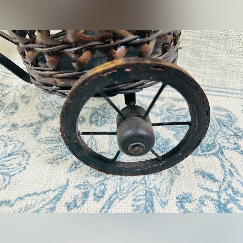 Vintage Metal & Wood Tricycle Bicycle Plant Stand Planter w Wicker Basket